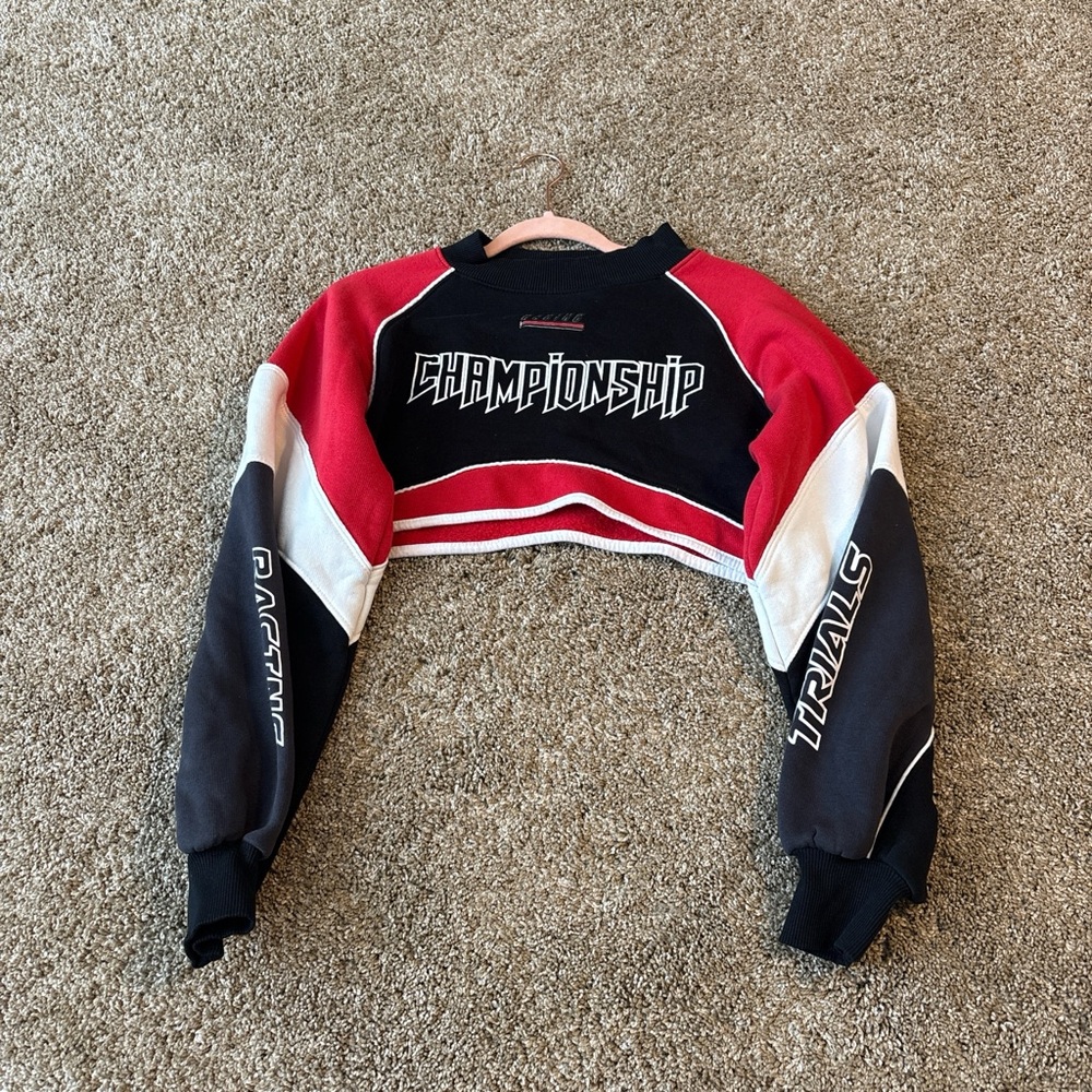 Fashion Nova Red and Black Graphic Crop Hoodie